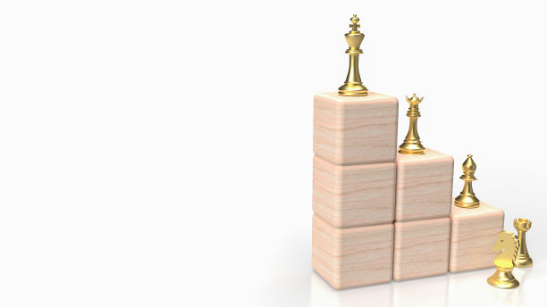 金色象棋在楼梯木立方体上的白色背景3d渲染图片下载