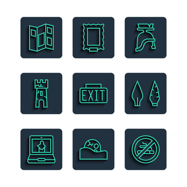 在线博物馆，人类头骨，禁止吸烟，罗马军队头盔，出口标志，城堡塔，博物馆指南手册和石器时代箭头图标。向量图片下载