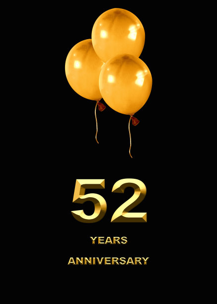 3d插图，52周年纪念。节日背景上的金色数字。周年庆典、晚会海报或卡片图片下载