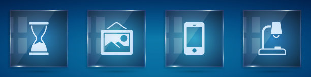 设置旧沙漏，图片景观，手机和台灯。方形玻璃面板。向量图片下载