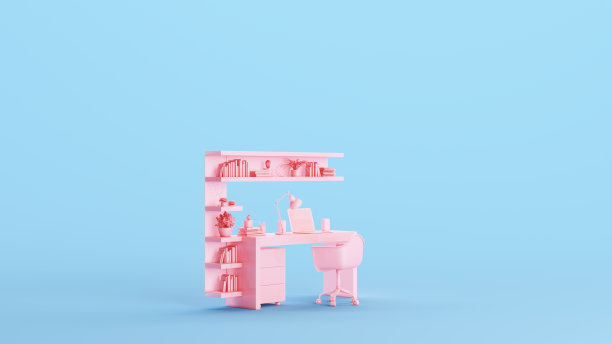 粉色办公室现代书桌抽屉椅子书架工作室空间工作场所远程工作媚俗蓝色背景四分之一视图图片下载