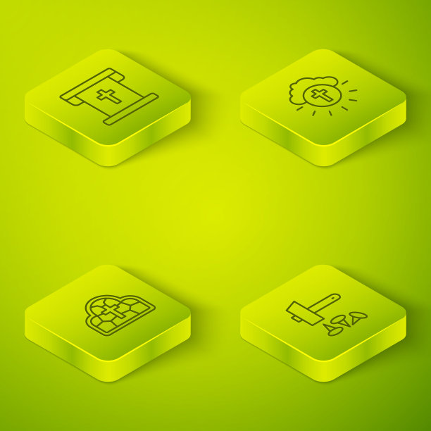 设置等距线宗教十字圈，彩色玻璃，耶稣基督受难和旗帜与基督教图标。向量图片下载