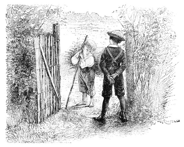 男孩在花园门口谈话图片下载