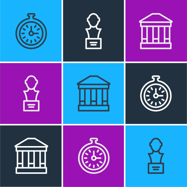 集行怀表、博物馆建筑和石膏头雕塑胸像。向量图片下载