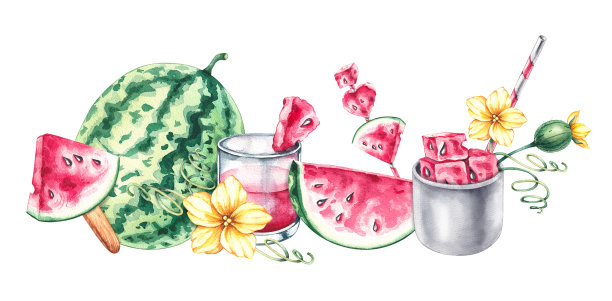 水彩横幅与西瓜，饮料，切片，花在白色的背景图片下载