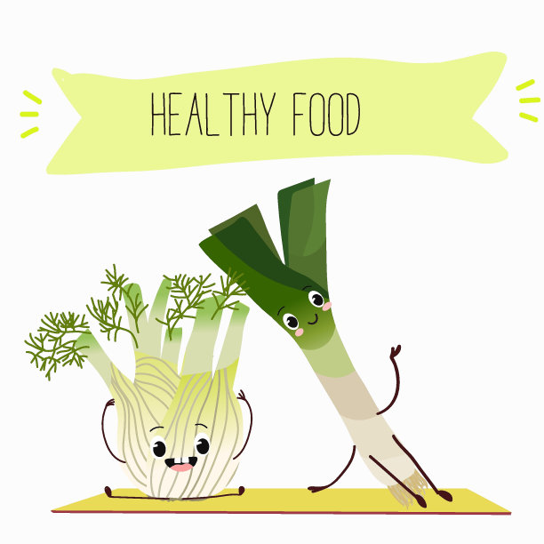 插图与有趣的人物茴香，韭菜，洋葱。有趣又健康的食物。维生素，萌面食品，食材，素食，矢量卡通，农业，绿色植物。图片下载