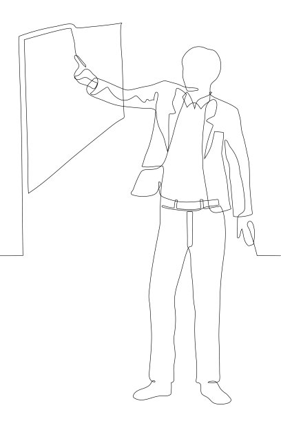 连续的一幅线条画，画的是一个穿着西装的全身男子站在一块空板前，在板的中央显示着什么东西。业务演示、培训、计划图片下载