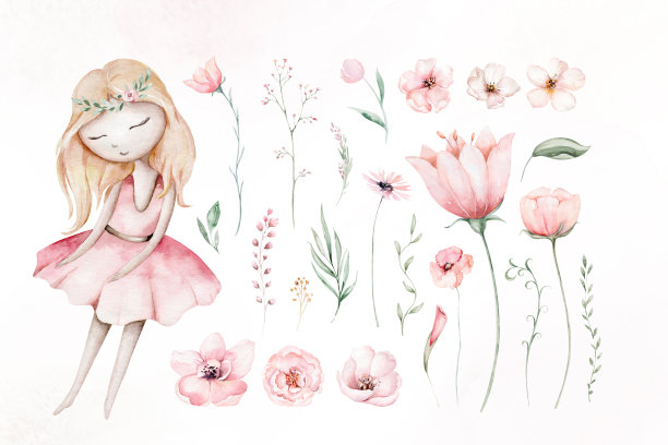 仙女和花水彩画孤立的孩子插图的女孩。卡通粉色魔法女孩宝宝沐浴海报。生日快乐儿童卡片图片下载