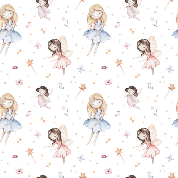 仙女和花朵水彩无缝女孩托儿所图案。卡通粉色魔法女孩宝宝的背景。童话纺织艺术图片下载