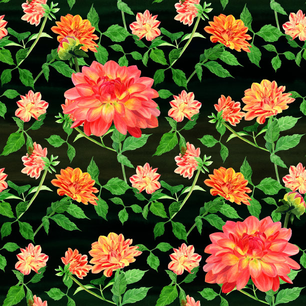 大丽花是一朵花和一个花蕾。水彩。无缝模式。墙纸。使用印刷材料，剪纸卡片，海报，明信片，包装。图片下载