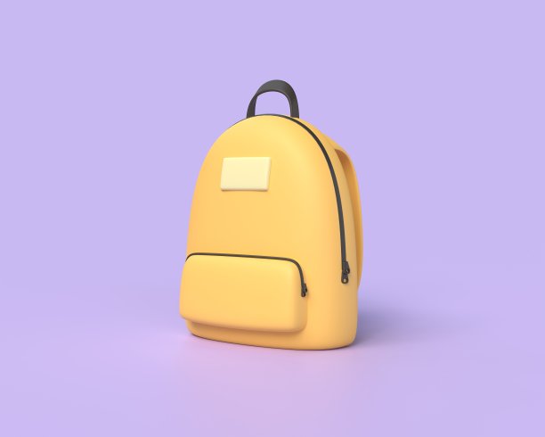 3d黄色背包。回到学校的概念。插图孤立在紫色背景上。三维渲染图片下载
