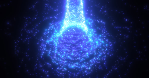 抽象的蓝色隧道旋转的粒子和发光的明亮的未来高科技与模糊的效果在黑暗的背景。抽象的背景图片下载