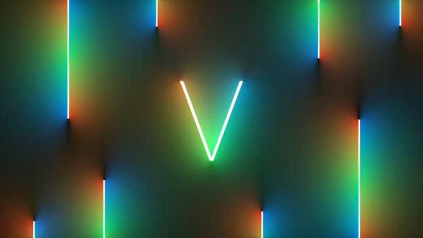 带有彩色霓虹灯的明亮字母V插画图片下载