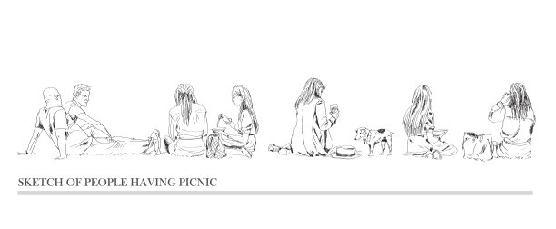 一群人，游客在公园里野餐。人们在休息和吃午饭。草图。项目的剪影集合。图片下载