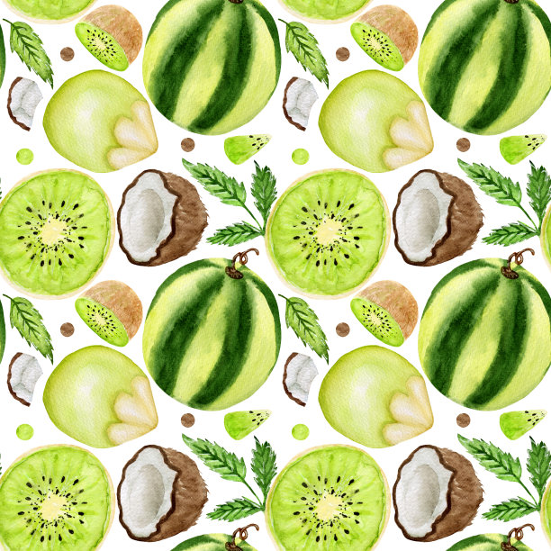水彩无缝夏季热带图案，明亮的水果，西瓜，椰子，猕猴桃和薄荷在白色背景。图片下载