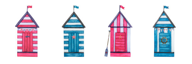 条纹木制海滩小屋。一套彩色水彩剪纸孤立在白色背景。海边的平房，大海。图片下载