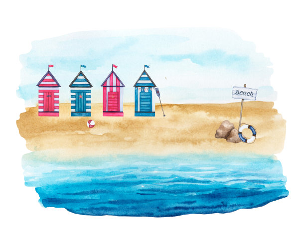 海边的条纹木制小屋。水彩背景。图片下载
