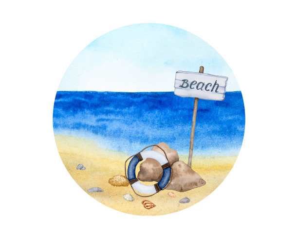 夏日海滩度假。水彩背景。组成与海岸，海滩标志，救生圈，贝壳。用于标识，标签，海报，印刷品，明信片，文具的插图。图片下载