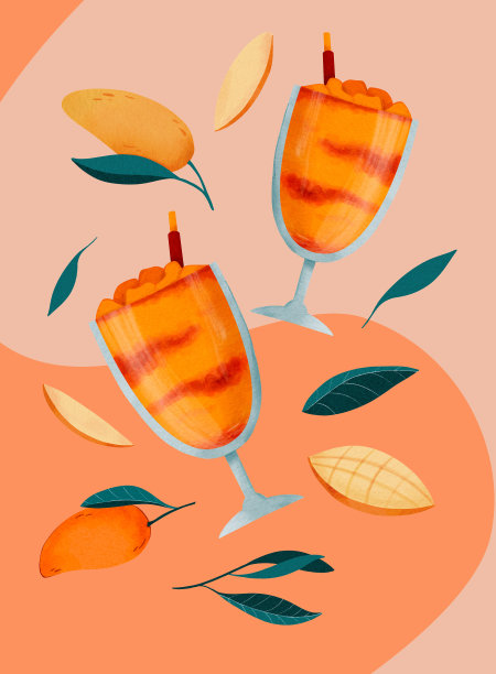 橙色背景的玻璃杯鸡尾酒海报。芒果——夏天的饮料。数字水彩图片下载