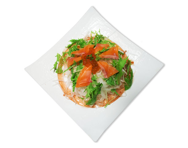 鸟取金枪鱼沙拉放在白色盘子里，俯视图，孤立的图片下载