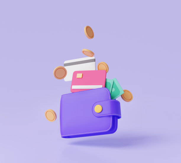 紫色钱包与信用卡或借记卡，硬币和纸币漂浮在紫色背景。在线支付，数字钱包，在线货币，储蓄，现金返还，3d图标渲染插图图片下载