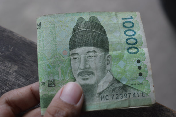 特写高分辨率照片，手拿10000韩元纸币与模糊的木制背景图片下载