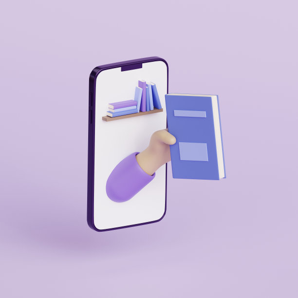 从智能手机出现带书的手。在线学习概念，网络图书馆，在线教育。数字知识，电子书。3d渲染插图。图片下载
