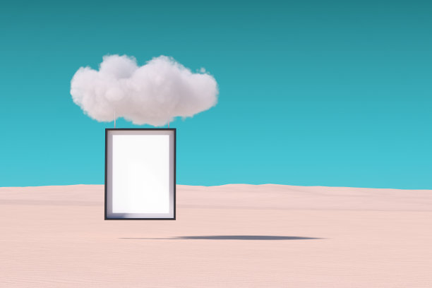 空白照片或画框悬挂在云端，在沙漠中飞行。3d渲染图片下载