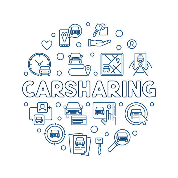 共享汽车概念圆形线插图-共享汽车矢量横幅图片下载