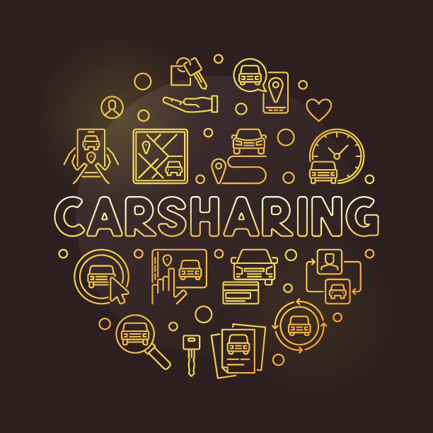 共享汽车概念圆形金色线性插图-共享汽车矢量圆形横幅图片下载