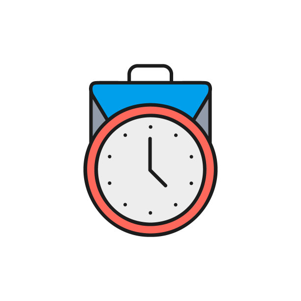 时钟带行李箱，工作时间彩色直线图标。时间管理符号设计。图片下载