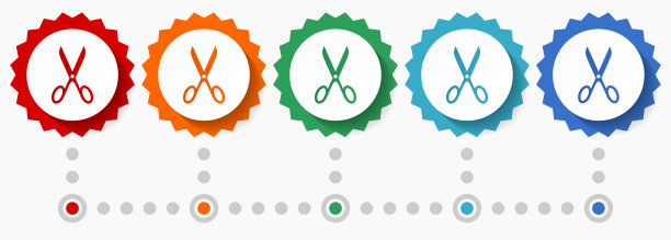 剪刀矢量图标集，彩色信息图形模板，一套平面设计徽章图标在5种颜色的选项图片下载