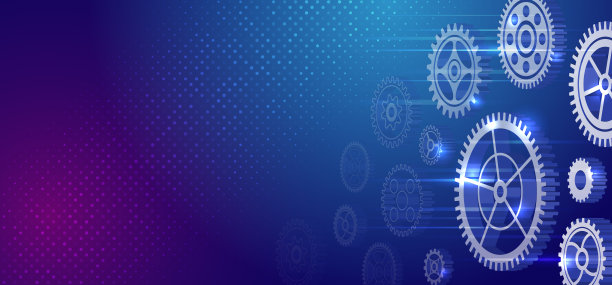 未来的高科技概念。工商互联网旗帜。由蓝色背景齿轮组成的机构。科学实验演示齿轮。图片下载