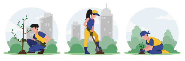 一组不同的年轻人在城市公园植树图片下载