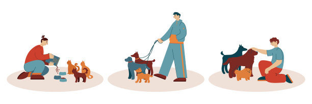 保护和照顾无家可归的猫和狗颜色集二维矢量图形图片下载