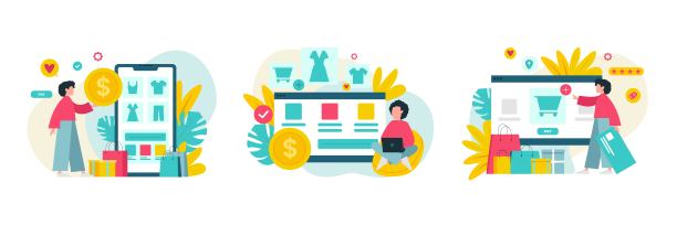 一组卡通人物在网上购物时选择商品图片下载