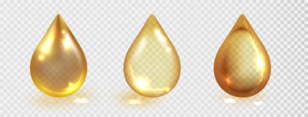 金色油滴设置隔离在透明背景上。载体现实的药物或胶原蛋白精华的黄色血清滴。逼真的半透明蜂蜜，血清或食用油滴图片下载