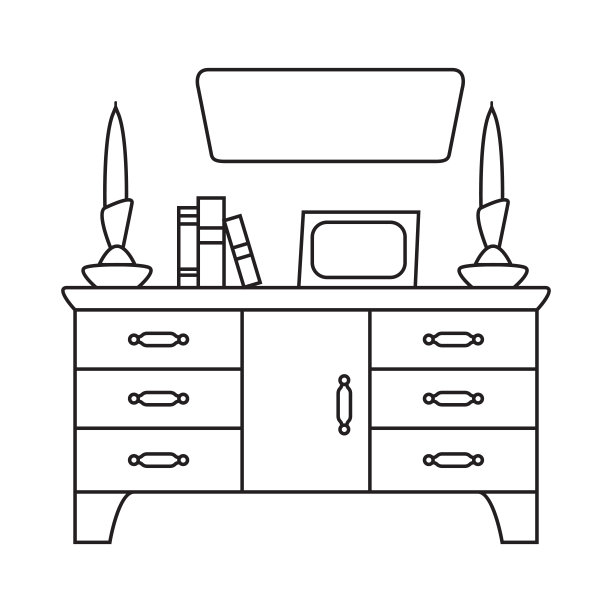 床头柜轮廓图标。细线黑色床头柜与烛台。图片下载