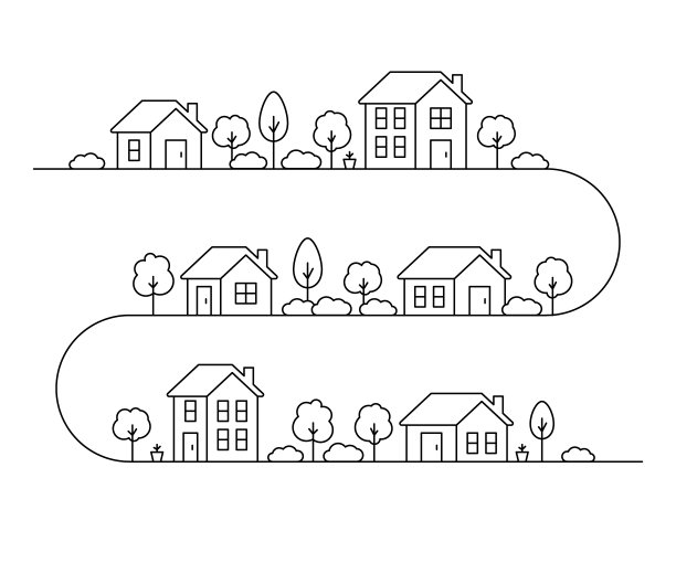 小区住宅，线条艺术。街道建筑，房地产建筑，公寓。乡村城市景观中的立面家。矢量图图片下载