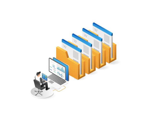 等距文件夹和商人的笔记本电脑。矢量插图。图片下载