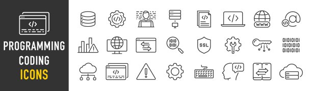 编程和编码网页图标的线条风格。信息技术，开发者，创意，广告，应用，档案，收藏。矢量插图。图片下载