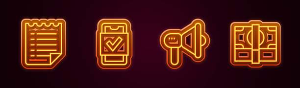 设置行愿望清单模板，手机购物，扩音器和堆栈纸钱现金。发光的霓虹灯图标。向量图片下载