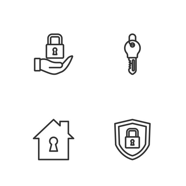 设置线盾安全与锁，房子在保护下，锁和钥匙图标。向量图片下载