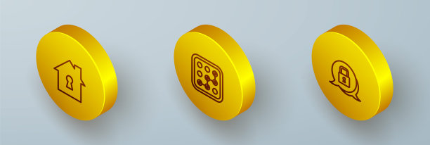 设置等距线房屋保护，图形密码和锁定图标。向量图片下载