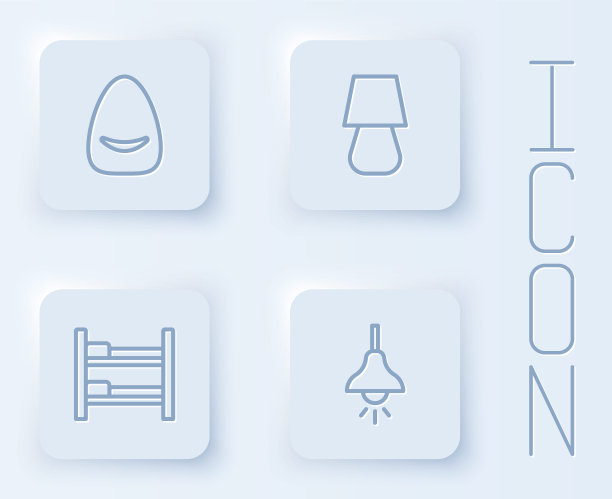 设置线垫，台灯，上下铺和挂灯。白色方形按钮。向量图片下载