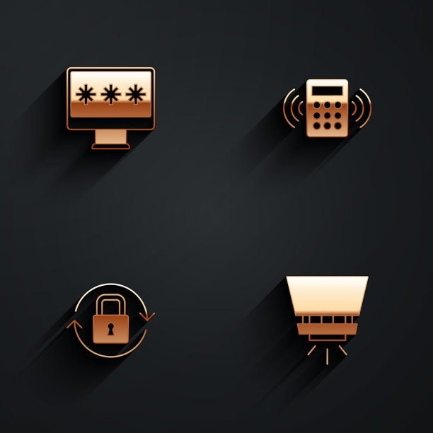 设置监控密码，安全键盘访问面板，锁定和消防自动喷水灭火系统图标长阴影。向量图片下载