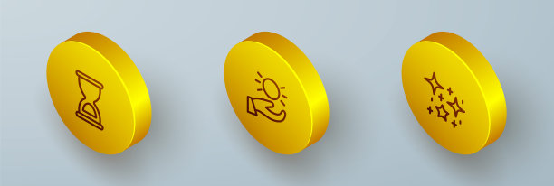 设置等距线旧沙漏，球悬浮在手上和神奇的闪光粒子图标。向量图片下载