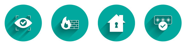 设置眼睛扫描，防火墙，安全墙，保护下的房子和密码图标与长阴影。向量图片下载