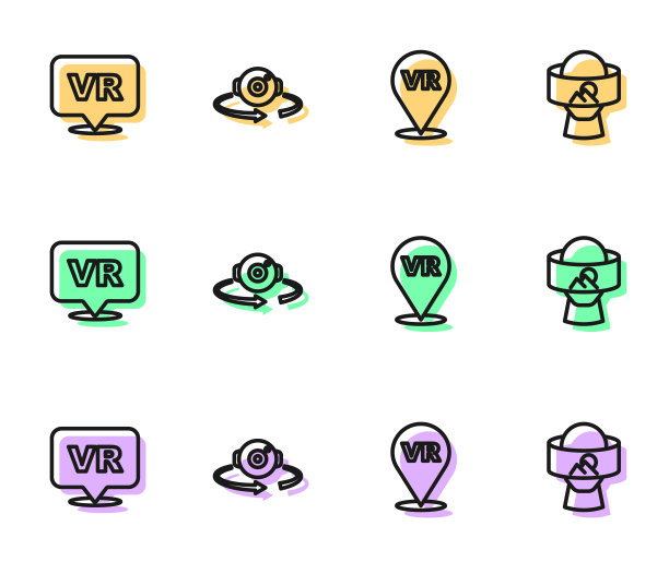 设置线虚拟现实，360度视图和眼镜图标。向量图片下载
