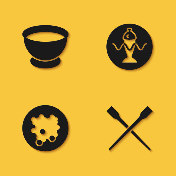 将酱油放在碗里，食物筷子，米饭和鱼放在盘子里，图标有长长的影子。向量图片下载